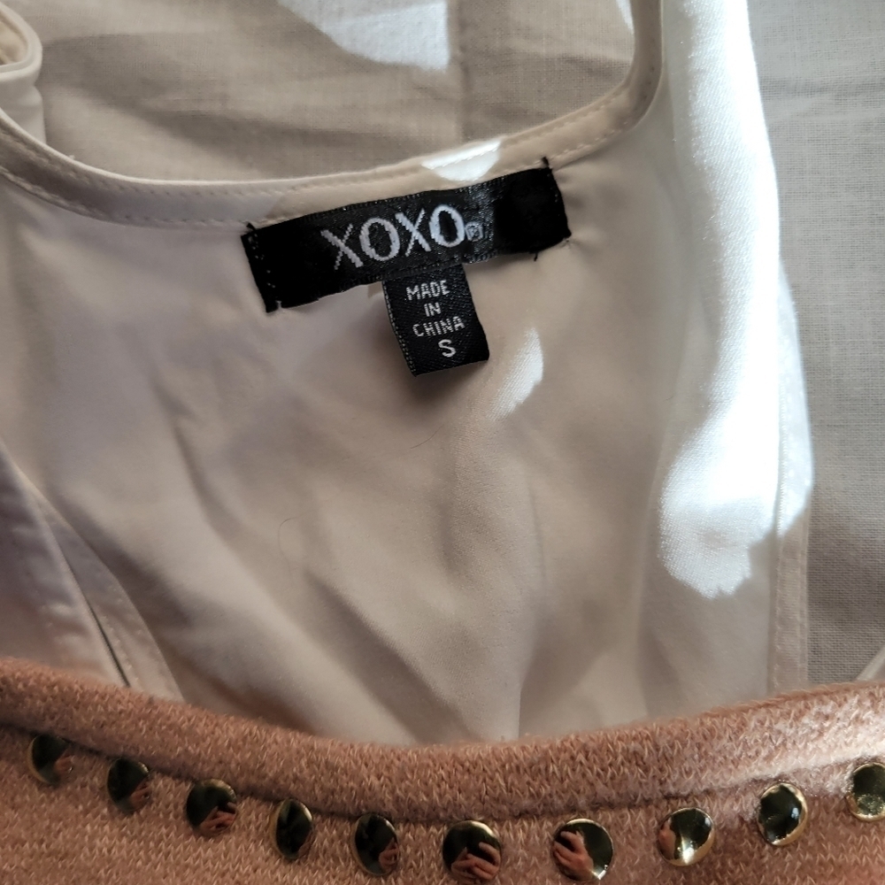 XOXO tan & black color block peek-a-boo tank batwing rivet neckline mini dress S - Picture 8 of 8